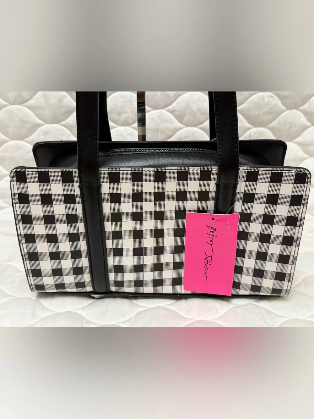 Betsey Johnson Black & White Gingham Tote with Red Pom Pom Charm